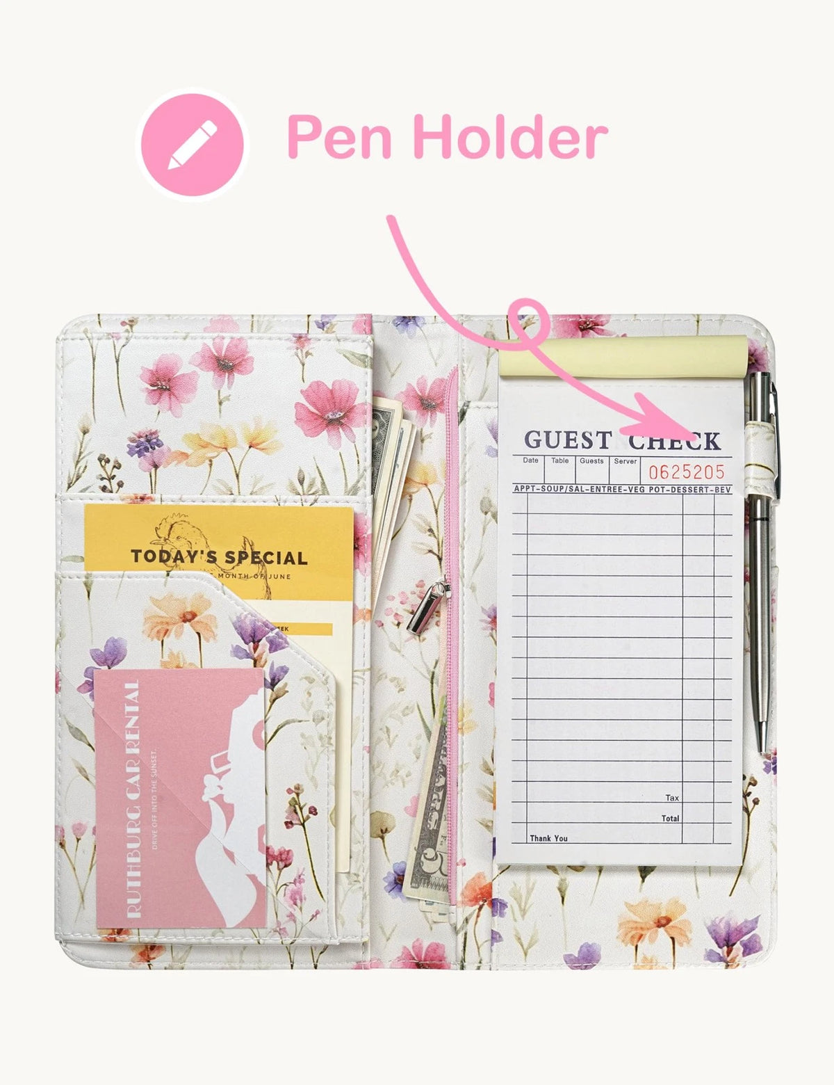 Zreal Cute Server Book for Waitress, Waiter with Watercolor Floral