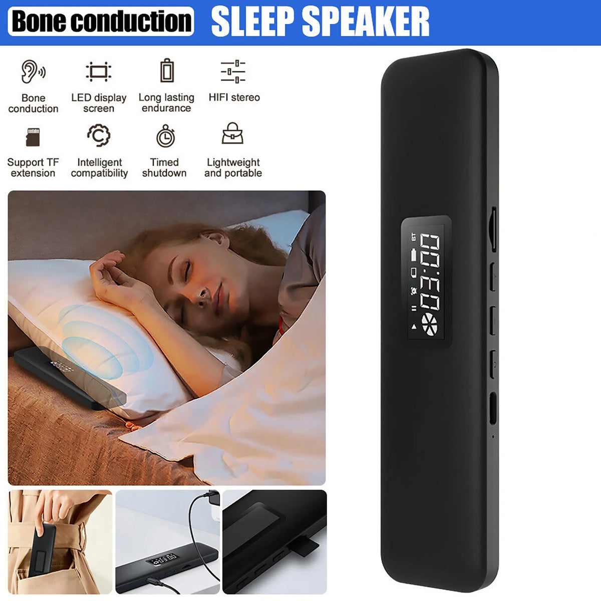 Bluetooth Speaker For Sleepless 5.3Rechargeable Bone Conduction Smart Connection