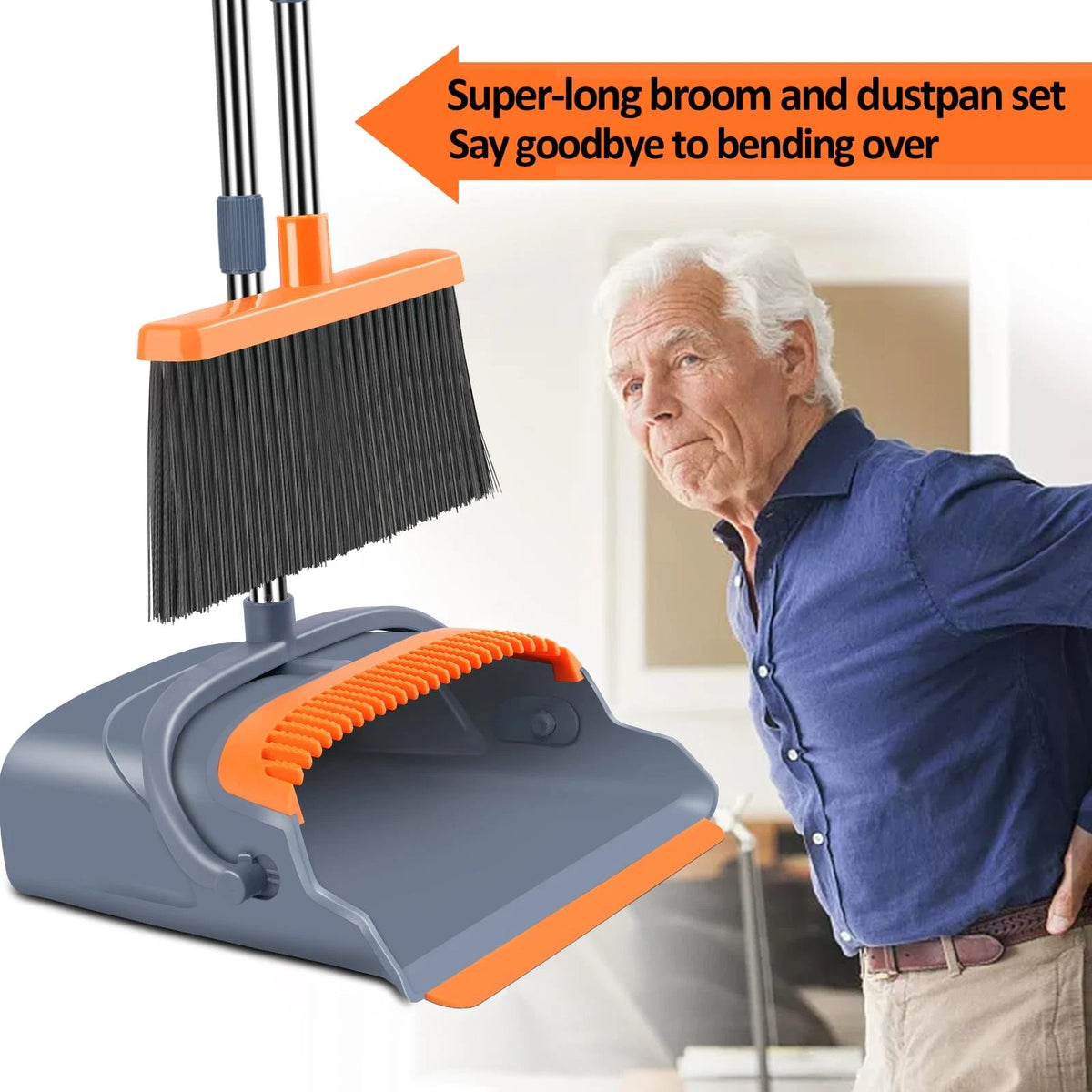 kelamayi Upgrade Broom and Dustpan Set, 50.39 inches, Gray&orange