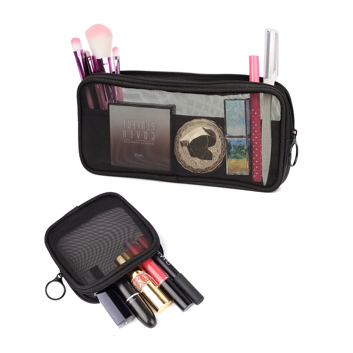 Patu Mesh Travel Toiletry Bag, Transparent Standing S & M (2 pcs), Black