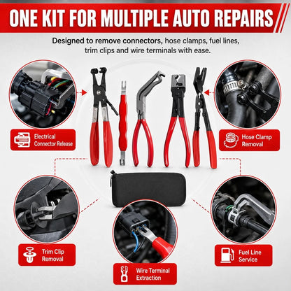 Automotive Electrical Disconnect Pliers Kit 5pc Fuel Line Tool Set Silver