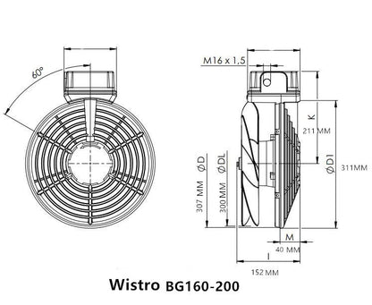 FLAI BG160-200 Wistro Fan P15.51.0396 IP66 230V Waterproof  Motor Fan