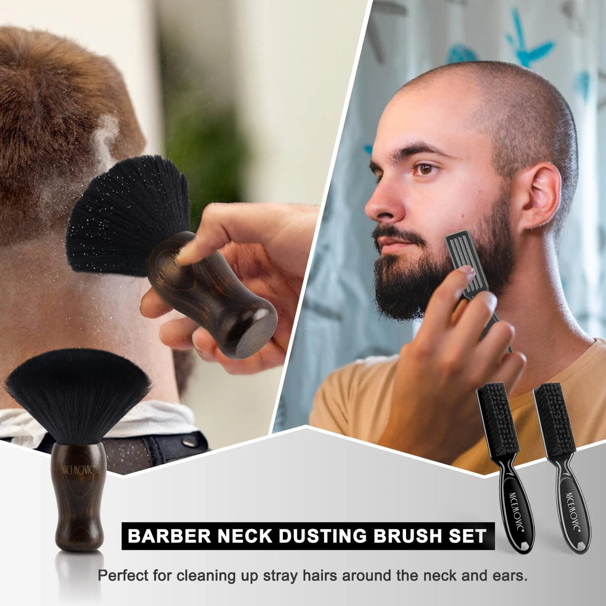 NICEMOVIC 3 IN 1 Barber Neck Duster Brush Set, Professional Brown&Black