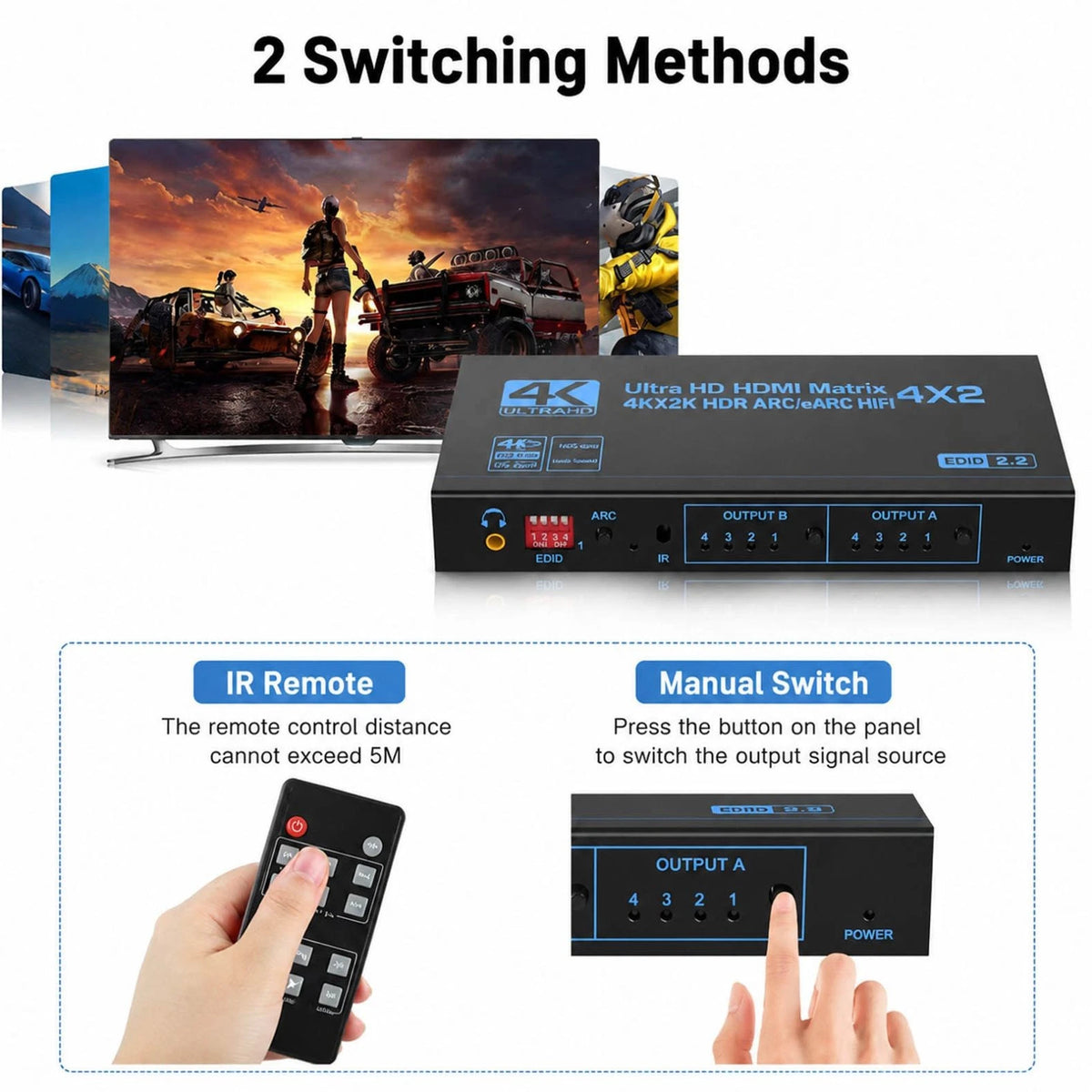 4K 60Hz HDMI Matrix Switcher Splitter 4 In 2 Out For Apple TV For Fire Stick