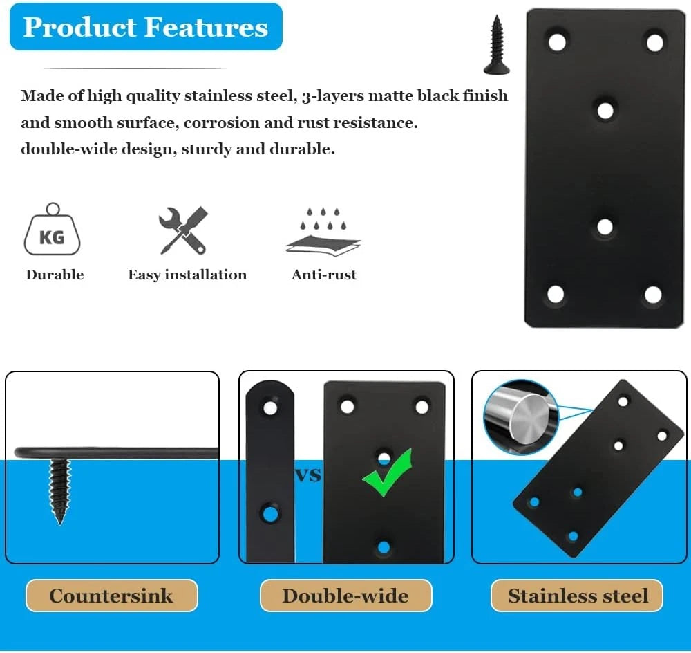 4 Pcs Black Flat Mending Plate Stainless Steel Bracket 4 x 2 inch