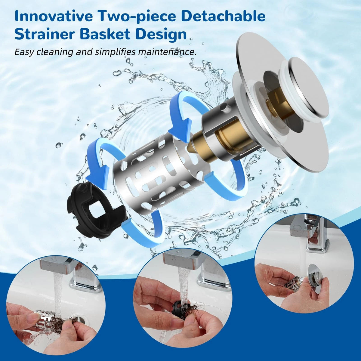 Hibbent Upgraded 3 in 1 Bathroom Sink Drain Strainer, Universal Pop Up Chrome