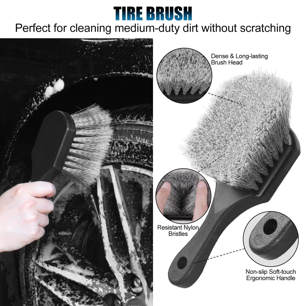 8Pcs Wheel Brush, Tire Cleaner Brush Set - 2 Soft Black
