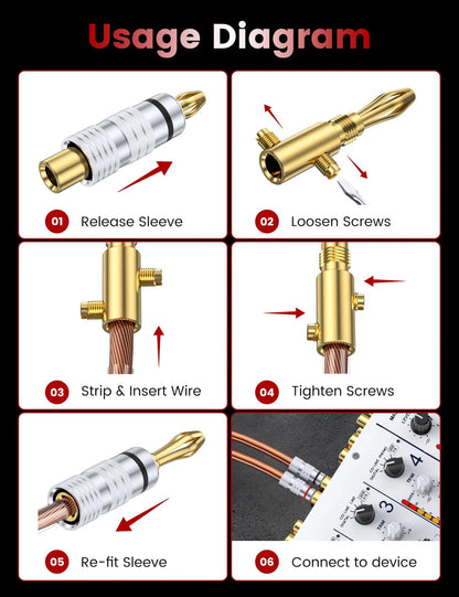 MOSWAG Banana Plugs for Speaker Wire (4 Pairs/8 pcs), Brass 4 Pairs, Gold