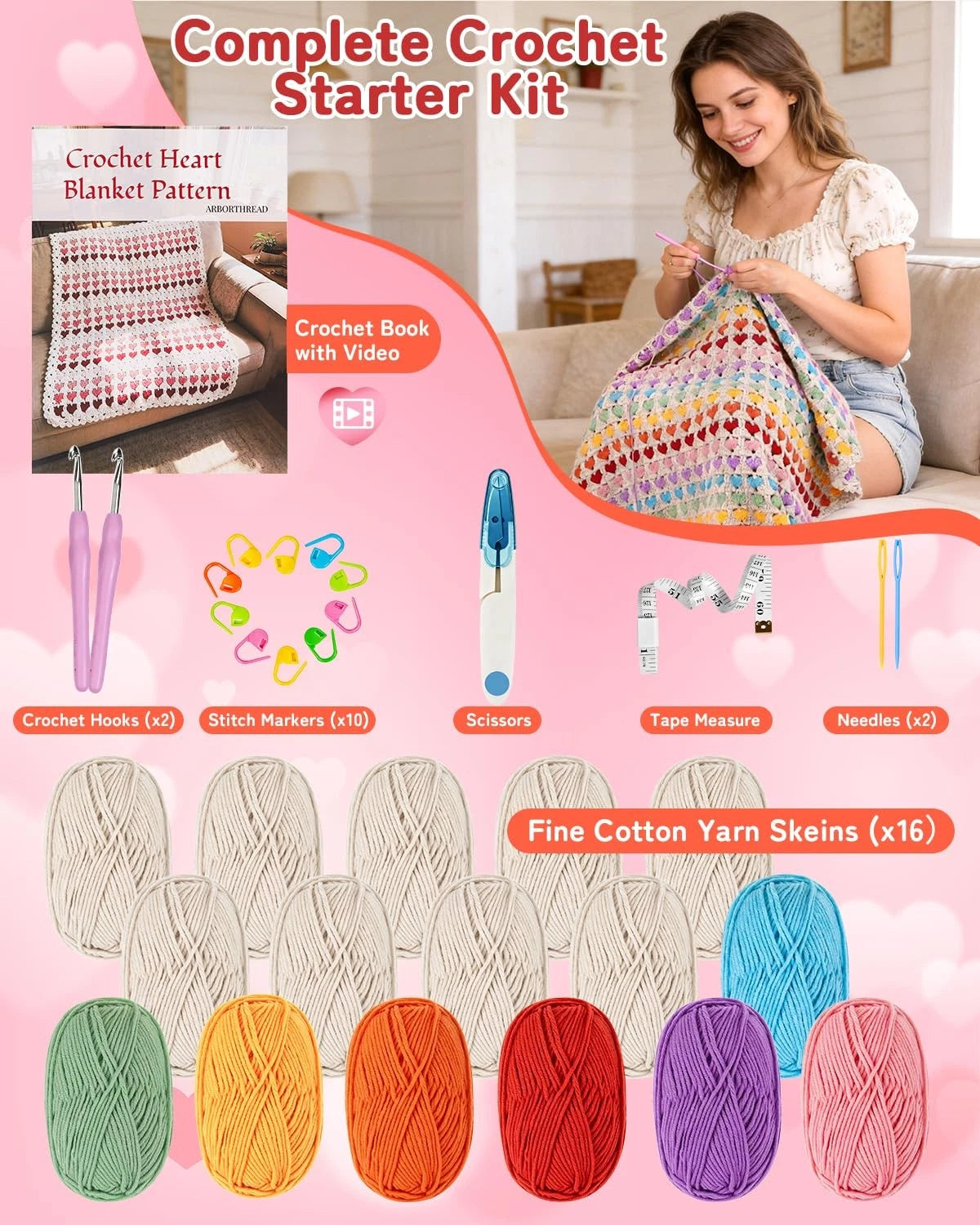 Arborthread Blanket Crochet Kit for Beginners, Heart Rainbow
