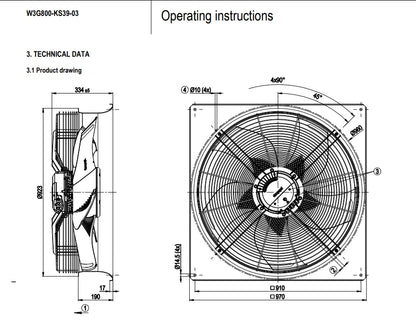 W3G800-KS39-03/F01 IP55 Axial Fan 400V 3.1A 1950W 940RPM Ebmpapst Dry Cooler