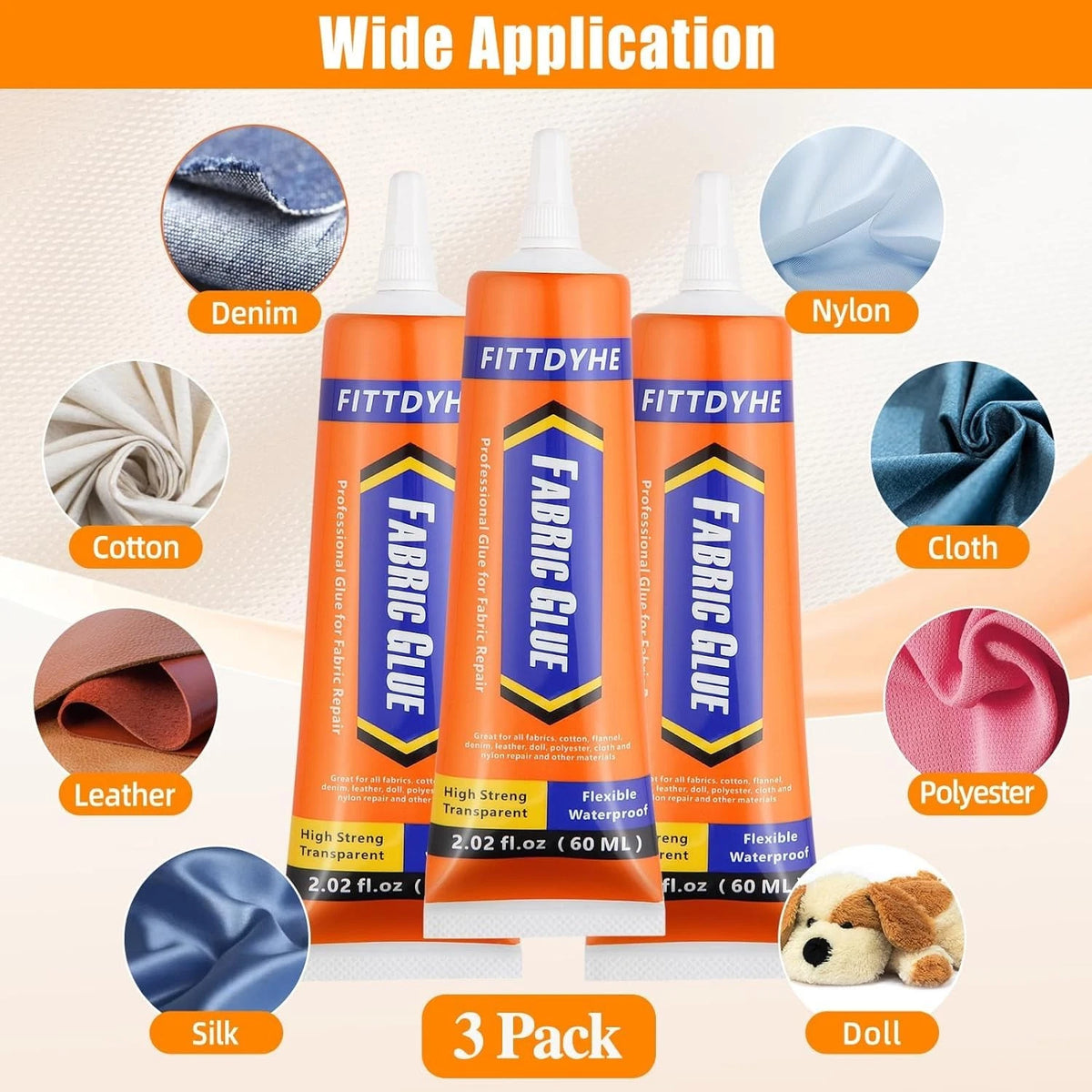 3Pcs Fabric Glue Permanent, 60 ML Washable Clear 3 count, 3 Pack , 60