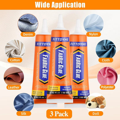 3Pcs Fabric Glue Permanent, 60 ML Washable Clear 3 count, 3 Pack , 60