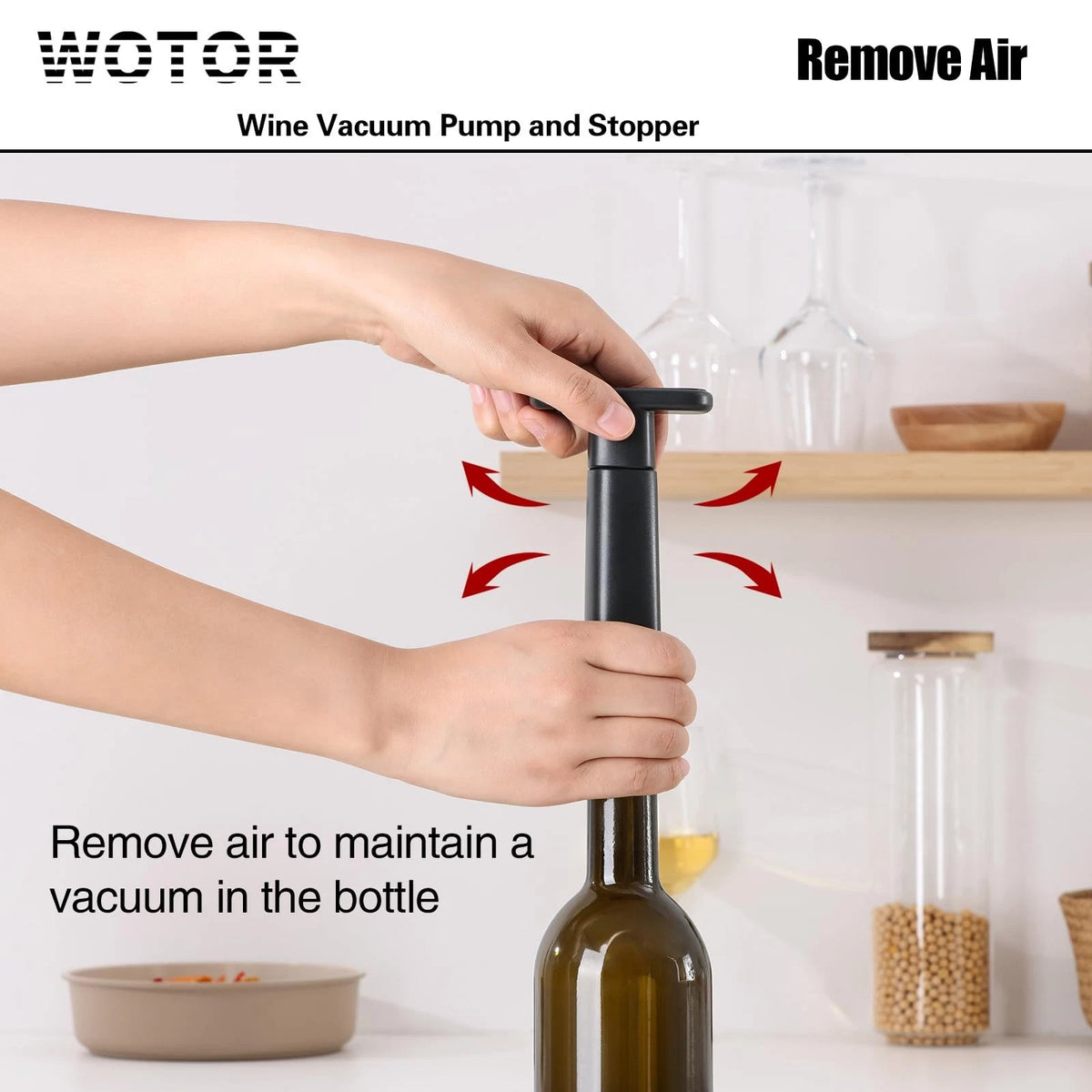 WOTOR Wine Saver Vacuum Pump with 4 Stoppers, 1 + 4 Black