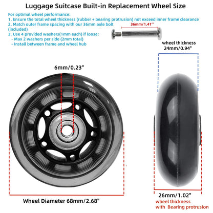 Rhinenet Replacement Luggage Suitcase Wheels OD 68mm 68X24X6, Black-Clear