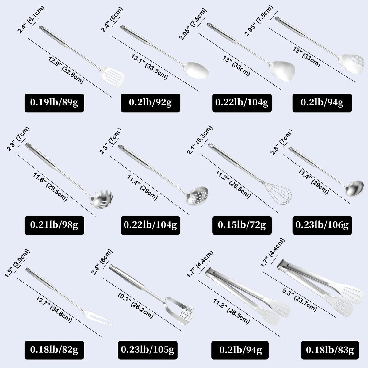 NIITAWH Stainless Steel Kitchen Utensils 12 Pcs, 11"-13.7"(12pcs), Brushed