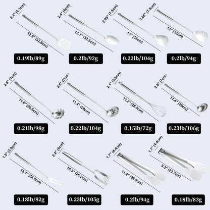 NIITAWH Stainless Steel Kitchen Utensils 12 Pcs, 11"-13.7"(12pcs), Brushed
