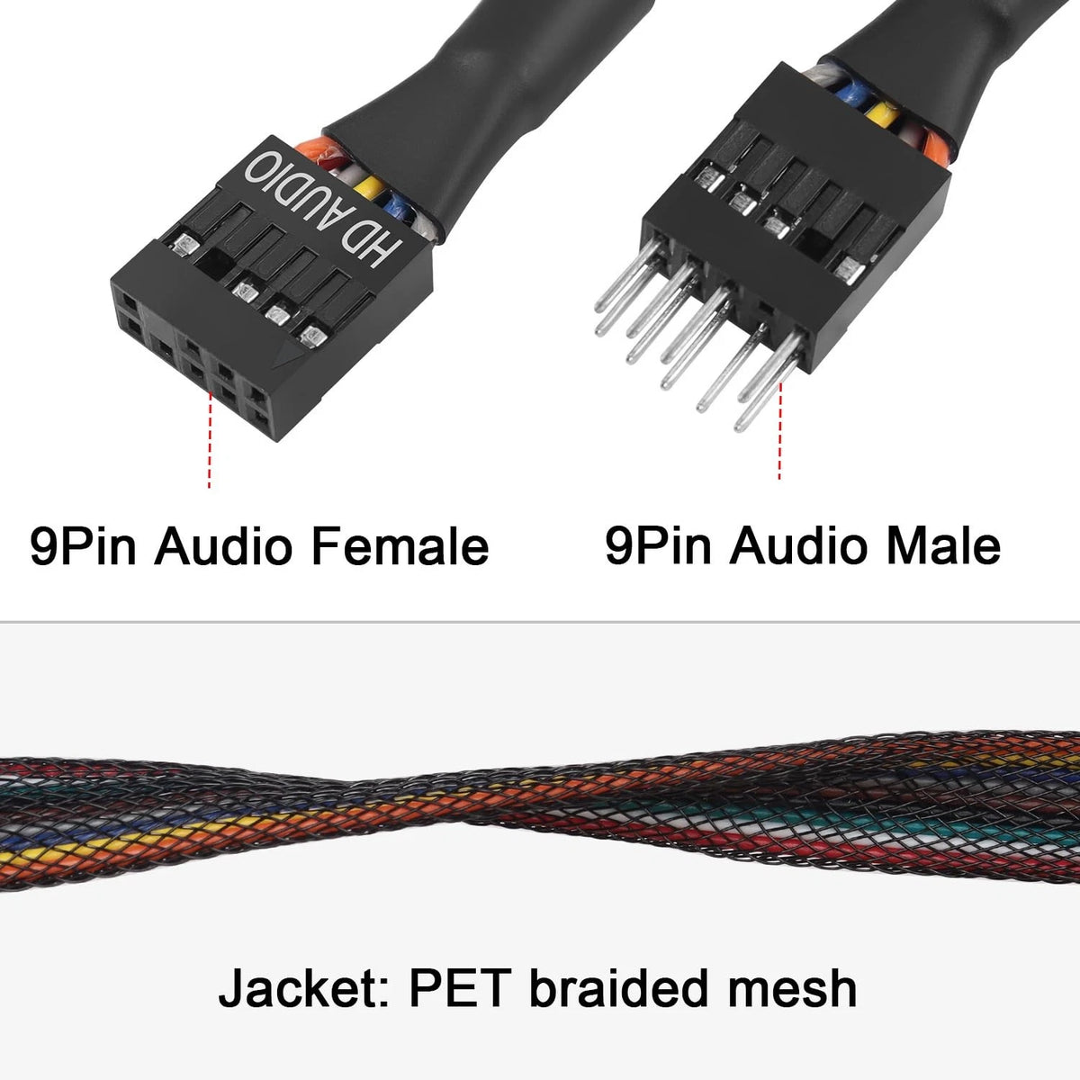 QIANRENON 9Pin HD Audio Motherboard Connector Cable - Male 30cm, Black