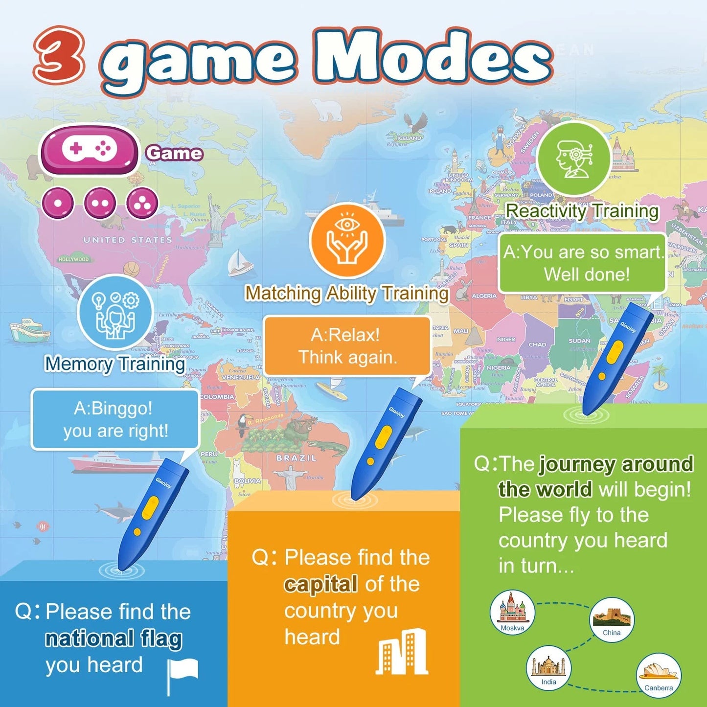Qiaojoy Bilingual Interactive World Map for Kids Learning Large Poster, Blue