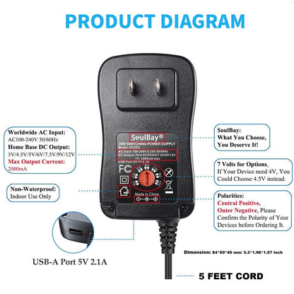 SoulBay 12V Power Supply Universal AC DC Adapter Charger with Black