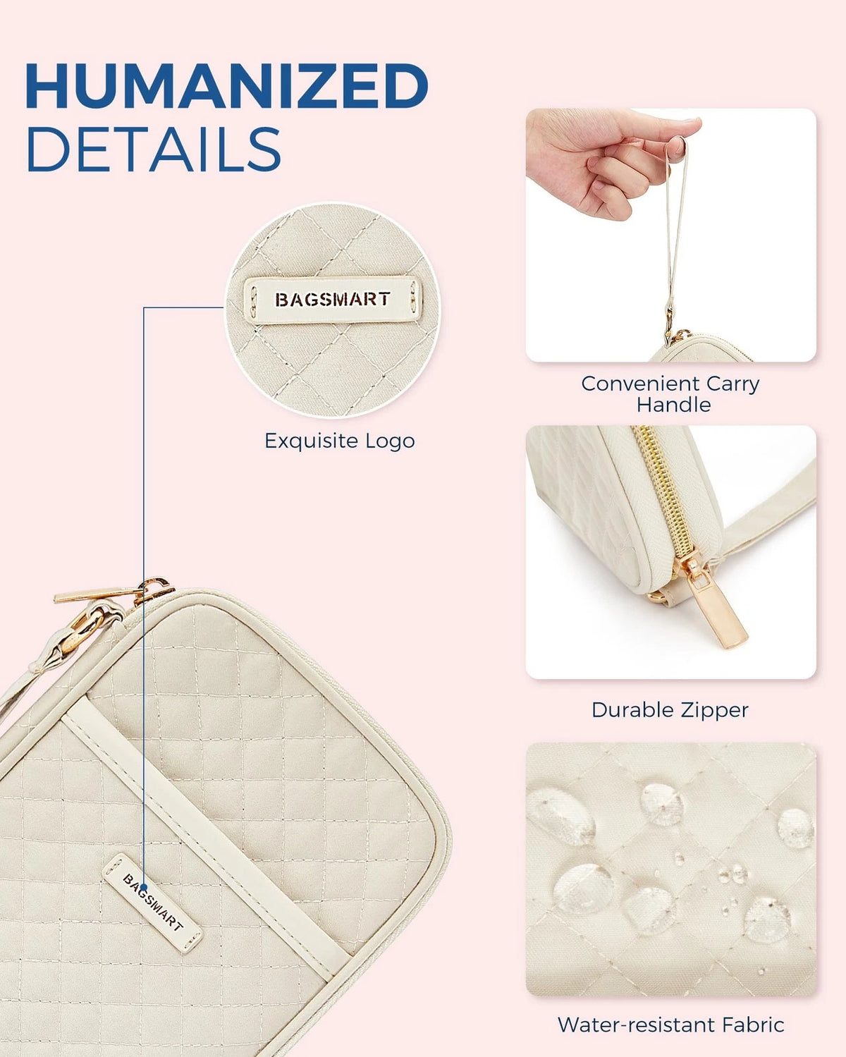 BAGSMART Cord Organizer Travel Cable Small, Single Layer Quilted Beige