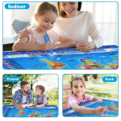 Qiaojoy Bilingual Interactive World Map for Kids Learning Large Poster, Blue