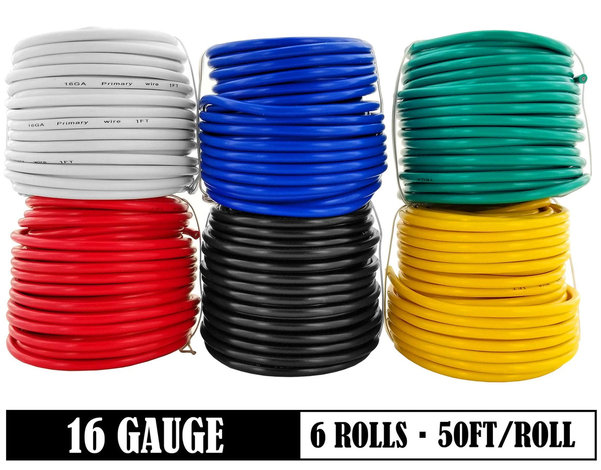 GS Power 300ft CCA 16 Gauge Wire Automotive, 16 AWG-50 ft-6 Pack, Multicolor