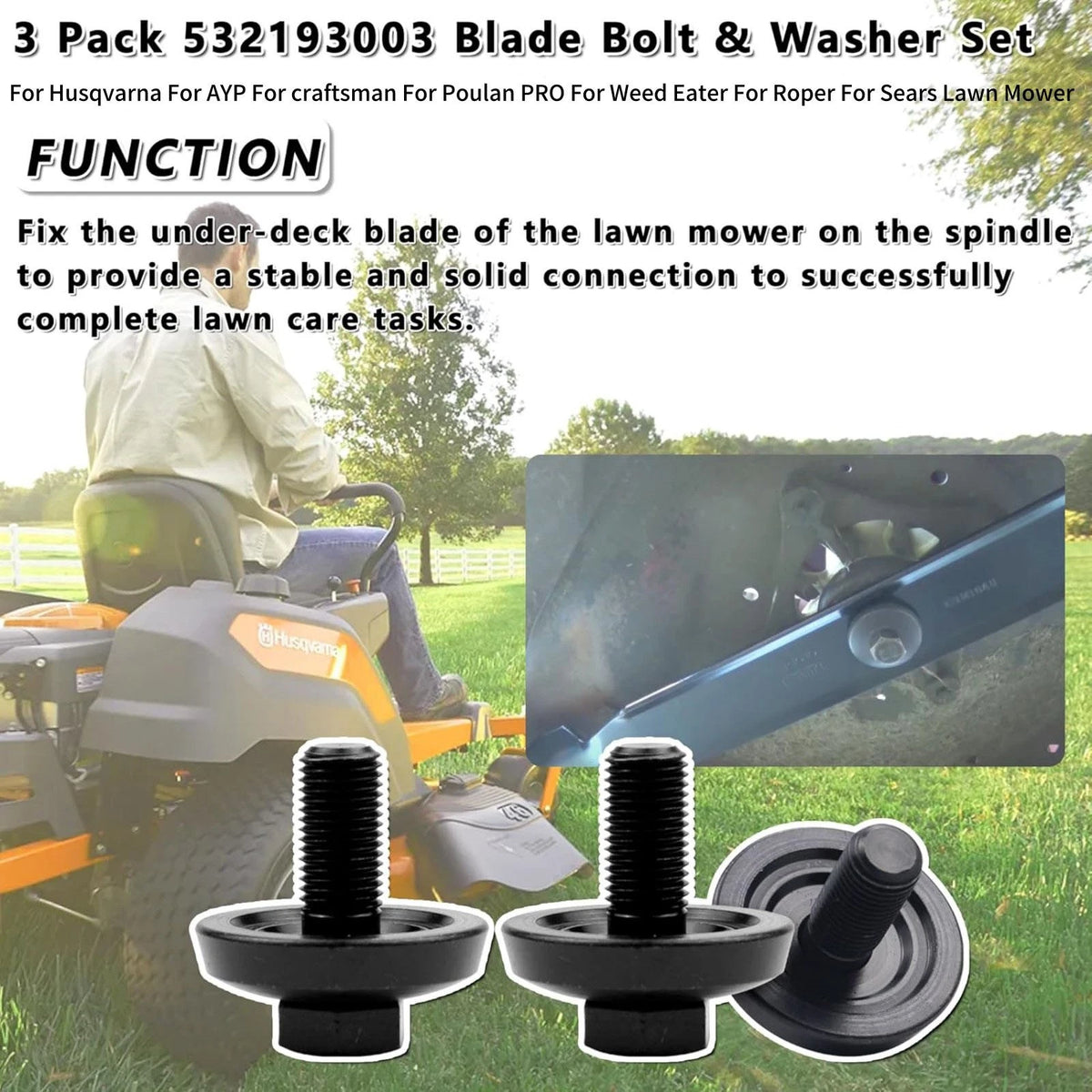 3X Blade Bolt & Washer Set for Husqvarna Poulan PRO Weed Eater Mowers