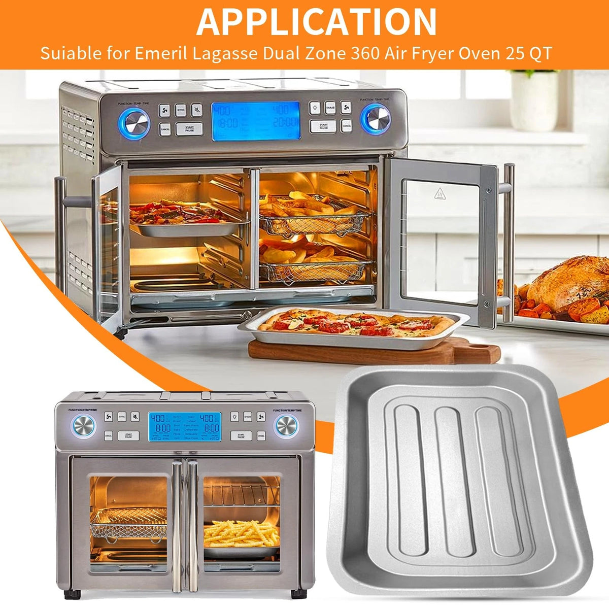 GXF 2PCS Air Fryer 11.5''×6.7'' Tray For Emeril Lagasse 25 QT S 2Pack, Silver