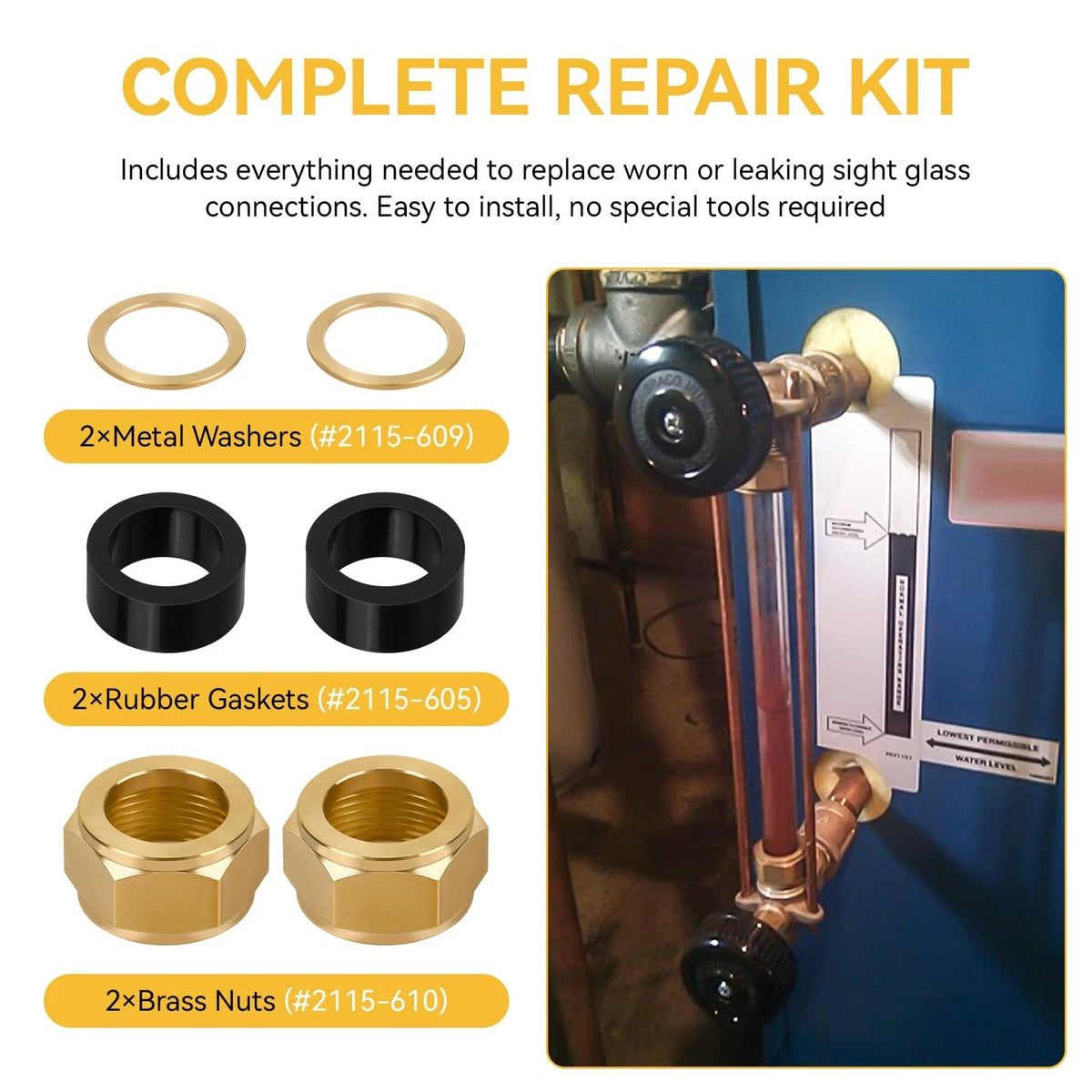 Sight Glass Steamer Parts 5/8" ID Gaskets, Washers, Brass Nuts Black, Gold