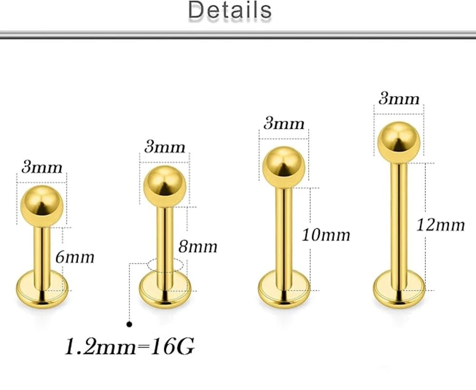Solala 8pcs 16G Stainless Steel 3mm Ball Labret 6mm, 8mm, 10mm, 12mm, Gold