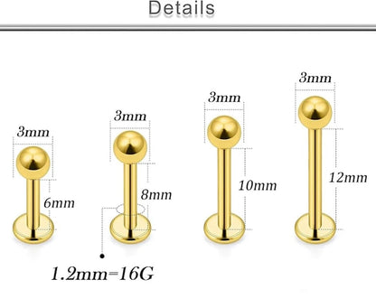 Solala 8pcs 16G Stainless Steel 3mm Ball Labret 6mm, 8mm, 10mm, 12mm, Gold