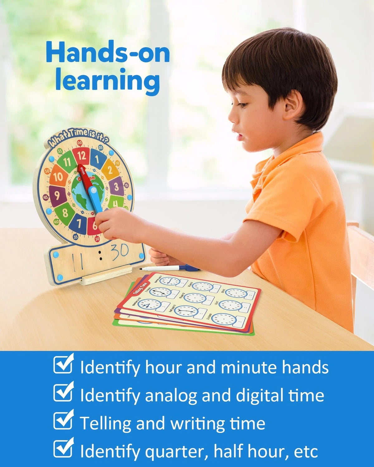 Coogam Wooden Clock Teaching Time Toy, Analog Medium, Red, Green, Blue