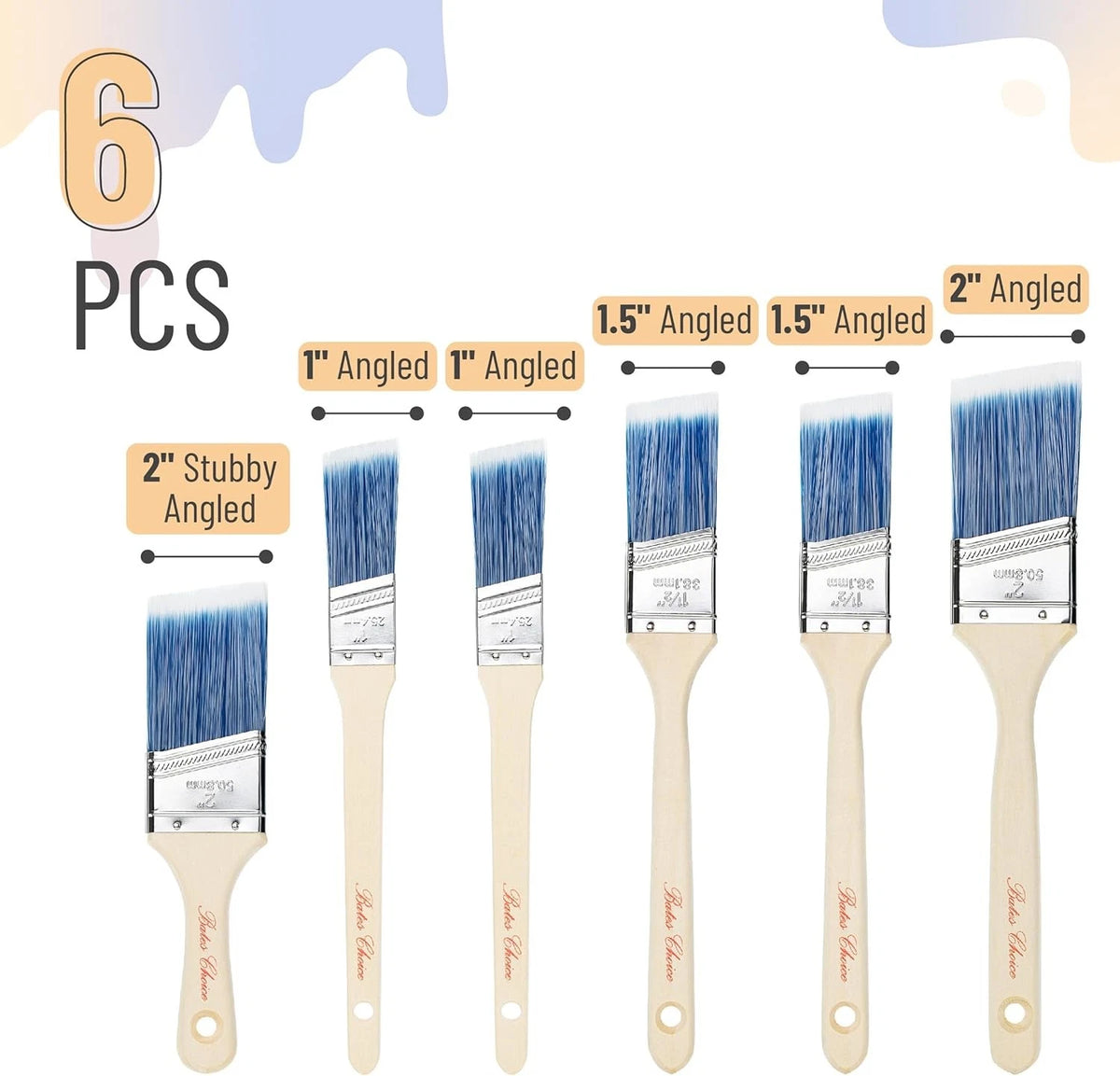 Bates Paint Brushes - 6 Pack, 1", 1.5", 2" Angle Brushes, 4 Blue