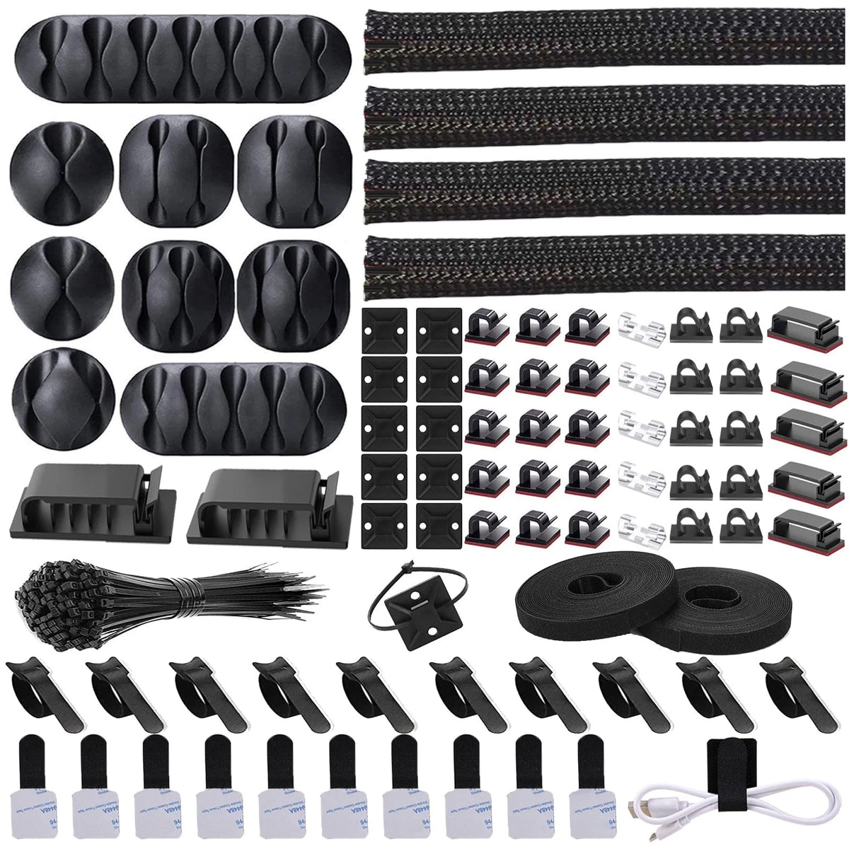 Cord Management Organizer Kit 4 Cable Sleeve split with 41Self 152 PCS, Black