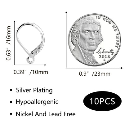 10pcs 925 Sterling Silver Leverback French Earring 16 x 10 mm, 10PCS-Silver