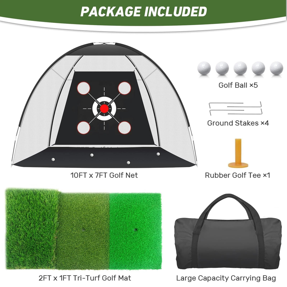 KLAODOT Golf Net with Practice Mat,Golf Hitting 10*7, Black/White/Red/Green
