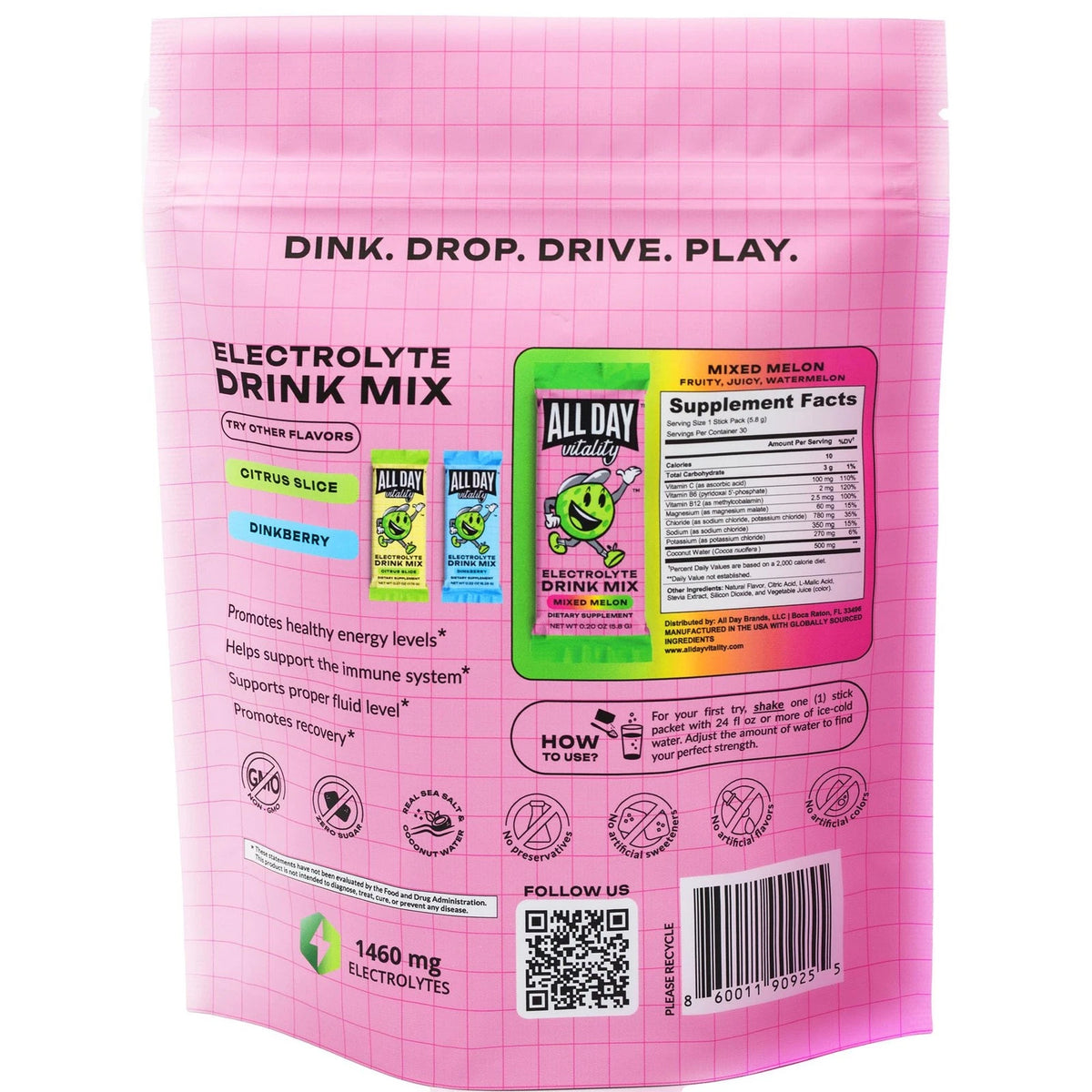 ALL DAY Vitality Pickleball Electrolyte Powder Packets | No Sugar, 30 Count