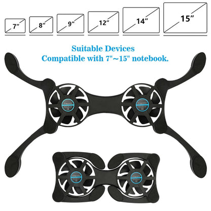 Dual USB Fan Cooler Pad for Laptop 7-15 Inch Adjustable Foldable Arms Low Noise