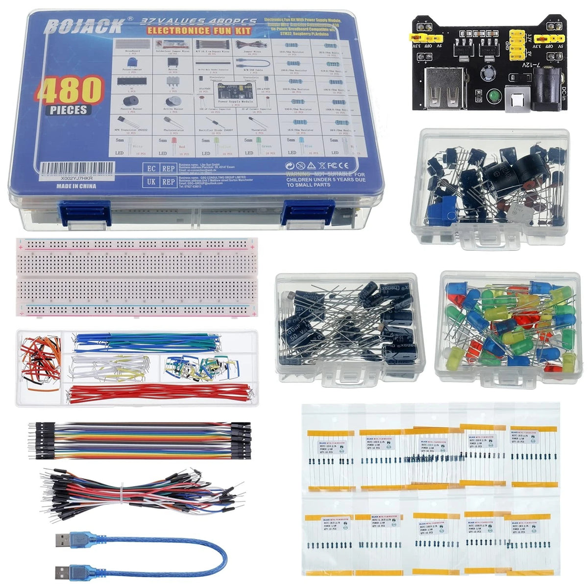 BOJACK 37 Values 480 Pcs Electronics Component Fun Kit with Power Supply...