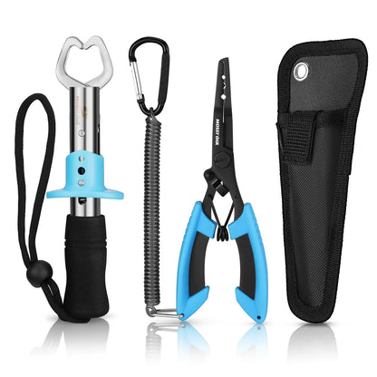 Mossy Oak 2Pcs Fishing Tools Kit- Plier, Fish Lip Gripper, Ocean-Blue