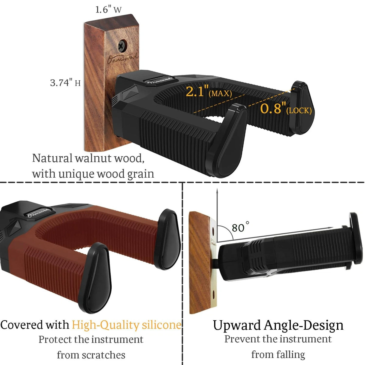 Guitar Wall Mount 2 Pack, Auto Lock Black Walnut Wood, Wood
