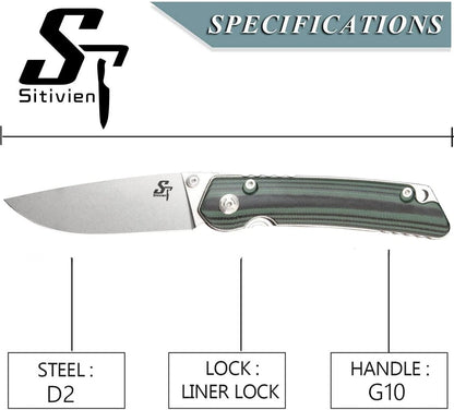 Sitivien ST128 Folding Knife,D2 Blade G10 Handle Safety Liner Lock EDC Green