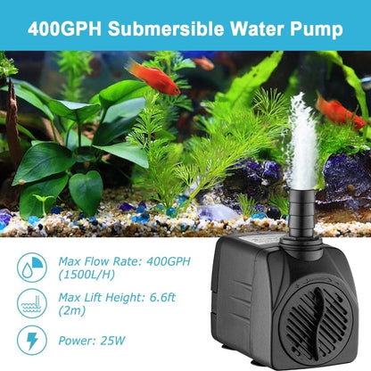 400GPH Ultra Quiet 1500L/H 25W Submersible Water Pump with 400GPH, Black