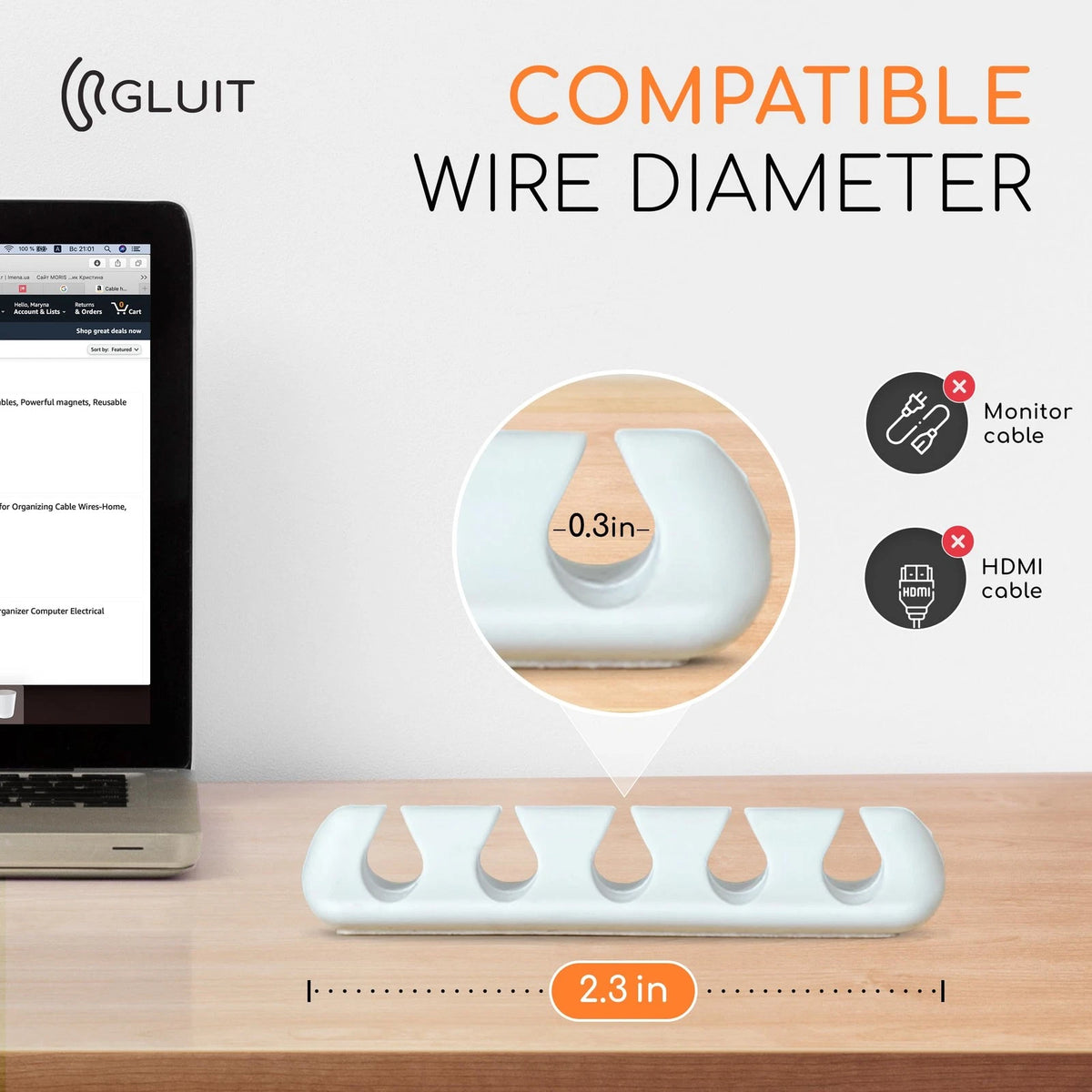 GLUIT Cord Organizer for Desk, Cable Holder Nightstand, 5 Pack, White