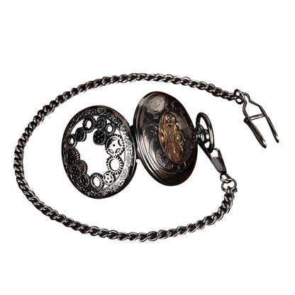 Mens Skeleton Mechanical Pocket Watch Hollow half Hunter Pocket Watch with Chain