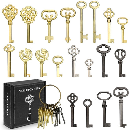 Skeleton Key, 20PCS Universal Hollow Barrel Antique Keys Gold, Black, Silver