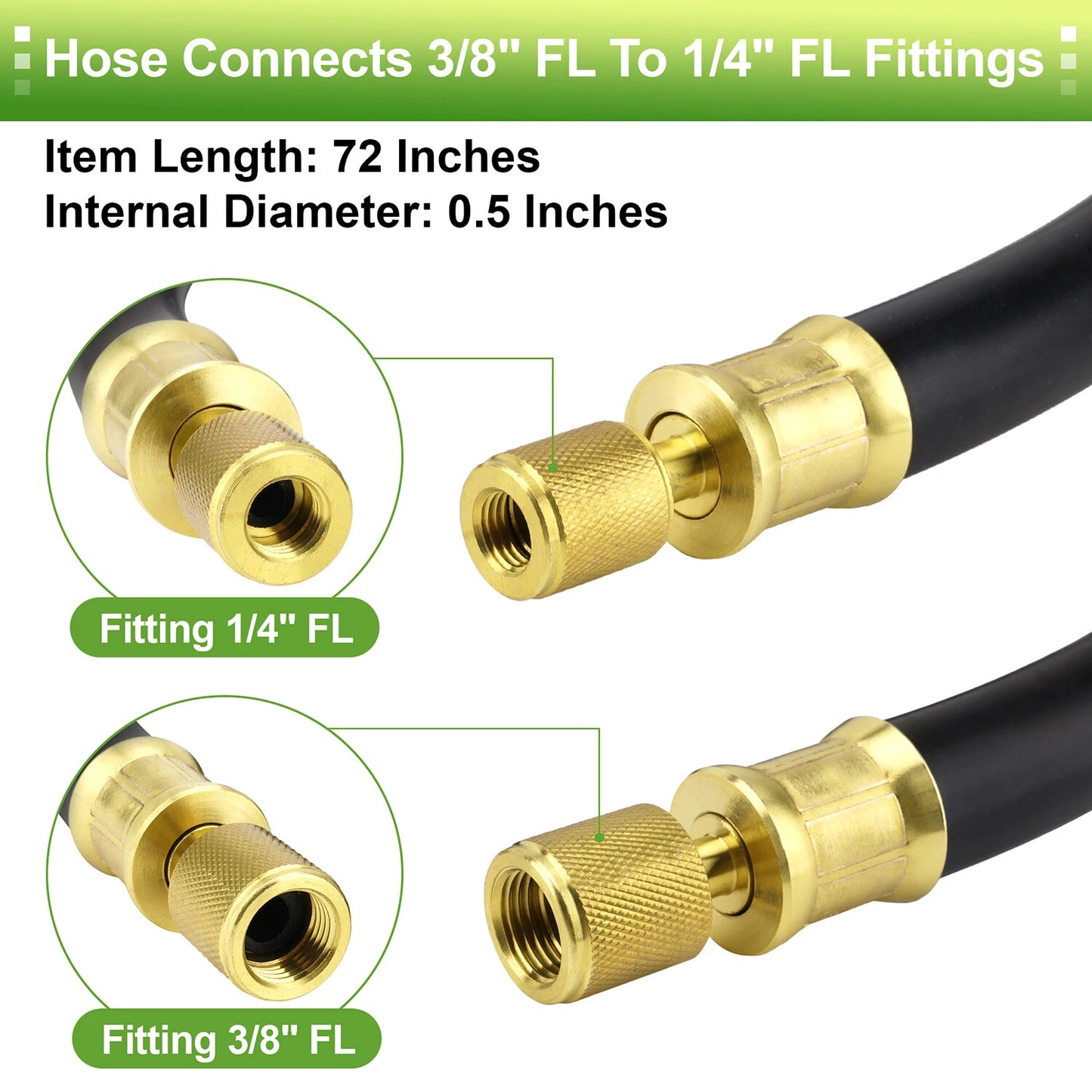 Refrigerant Hose, Black, 6', 1/2" Diameter, Connects 3/8" to 1/4" Fitting