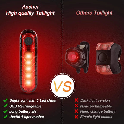 Ascher Ultra Bright USB Rechargeable Bike Light Set, Powerful Black,Red