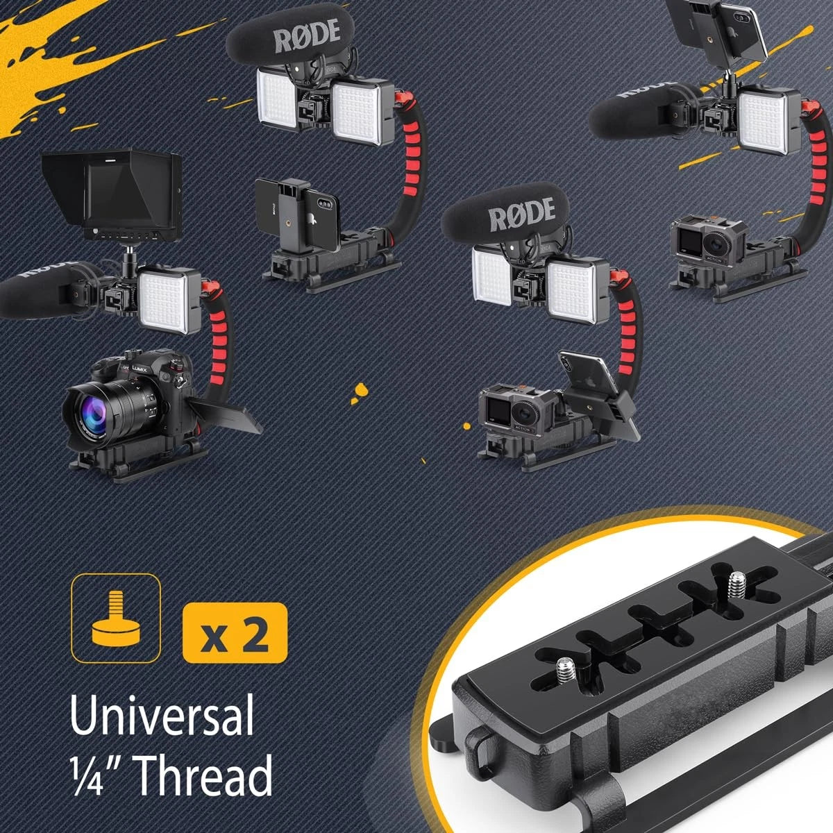 Zeadio Camera Smartphone Handheld Stabilizer, Triple Cold-Shoe Handle black