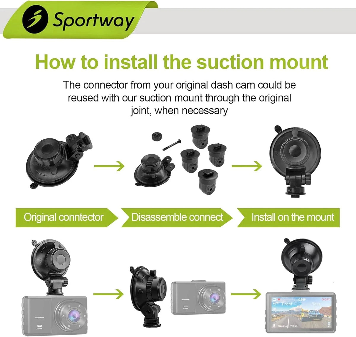 Sportway S504 Suction Cup Dash Cam Mount Holder (5th Gen) with 4pcs 360 Black